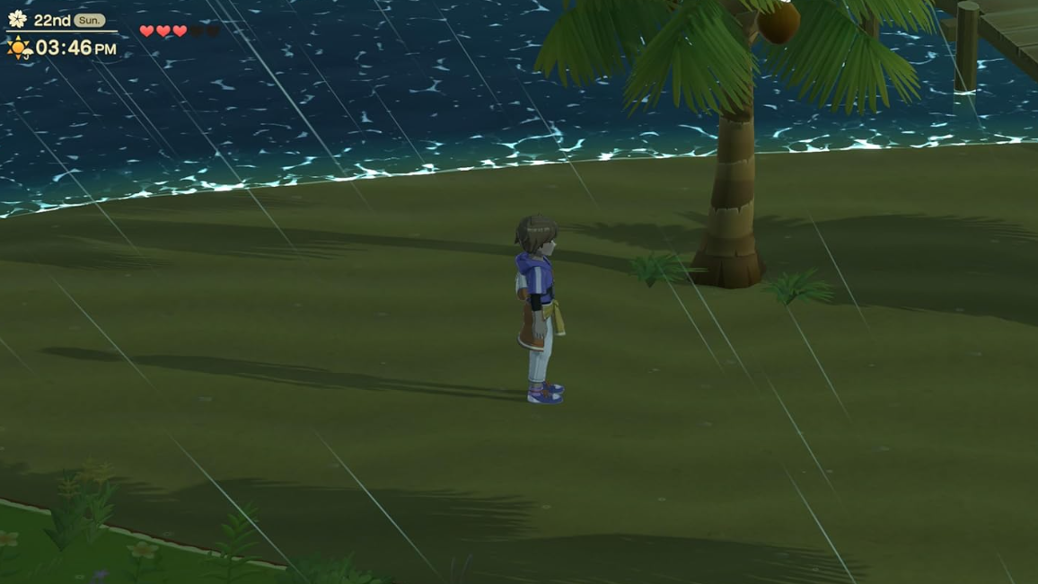 Ein Charakter steht im Regen am Strand, mit einer Palme und dem Ozean im Hintergrund, es ist 15:46 Uhr.