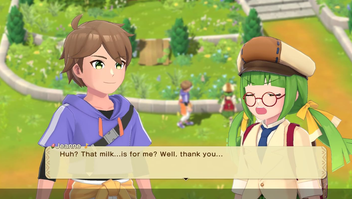 Zwei Anime-Charaktere in einem Garten. Einer ist ein Mann in einem blauen Kapuzenpullover, die andere eine Frau mit grünen Haaren und Brille. Textblase.