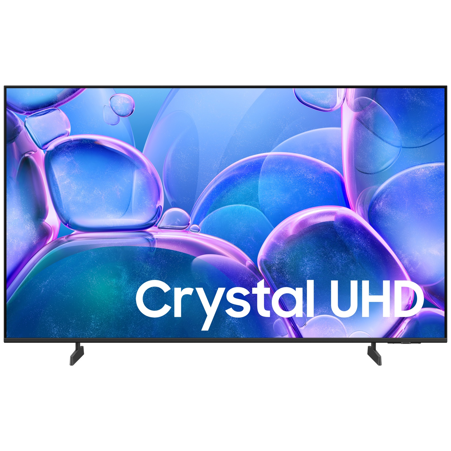 Un téléviseur à écran plat avec les mots Crystal UHD à l'écran. L'arrière-plan montre des formes bleues en forme de bulles.