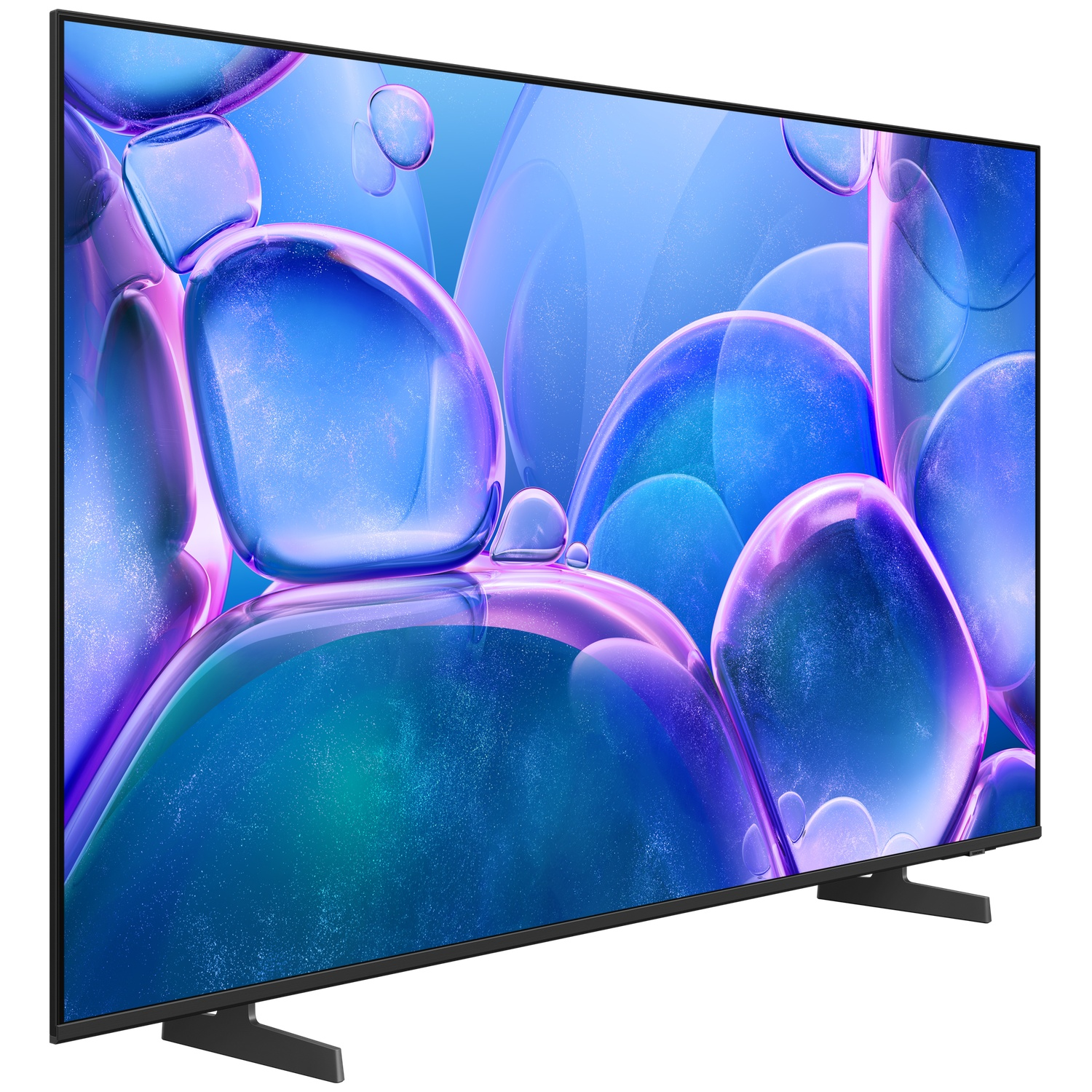 Un téléviseur à écran plat affiche un motif abstrait bleu et violet. Le téléviseur est incliné sur une surface blanche, avec des pieds noirs.