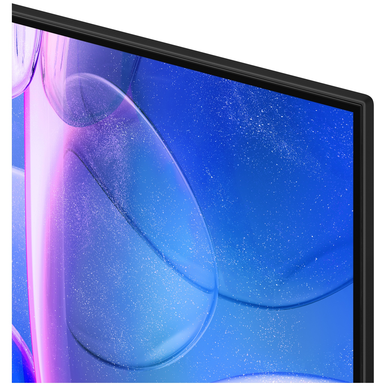 Gros plan d'un écran avec un motif abstrait bleu et violet. L'écran a un cadre noir.