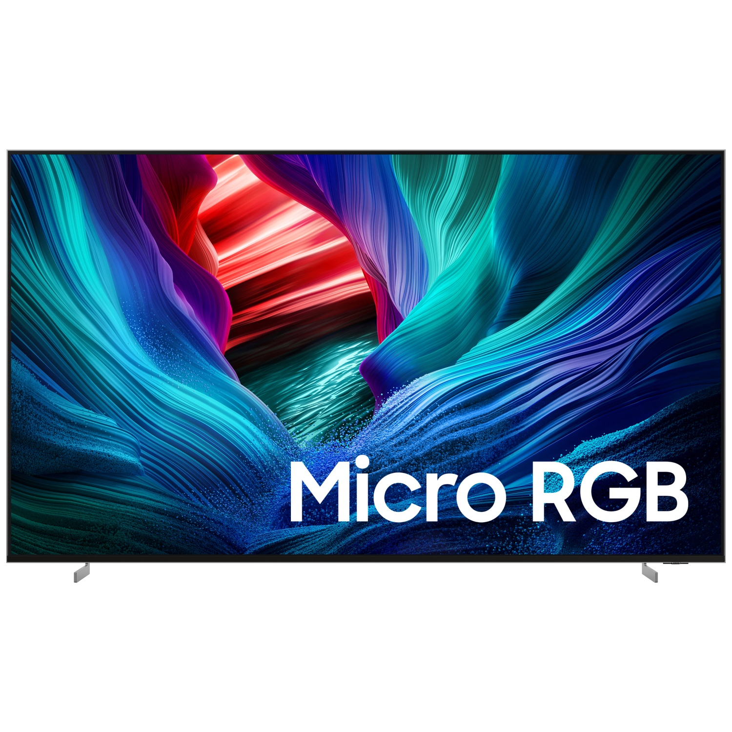 Een grote tv toont een kleurrijk abstract patroon van wervelende blauwe, groene en rode kleuren, met de woorden 'Micro RGB' in wit.
