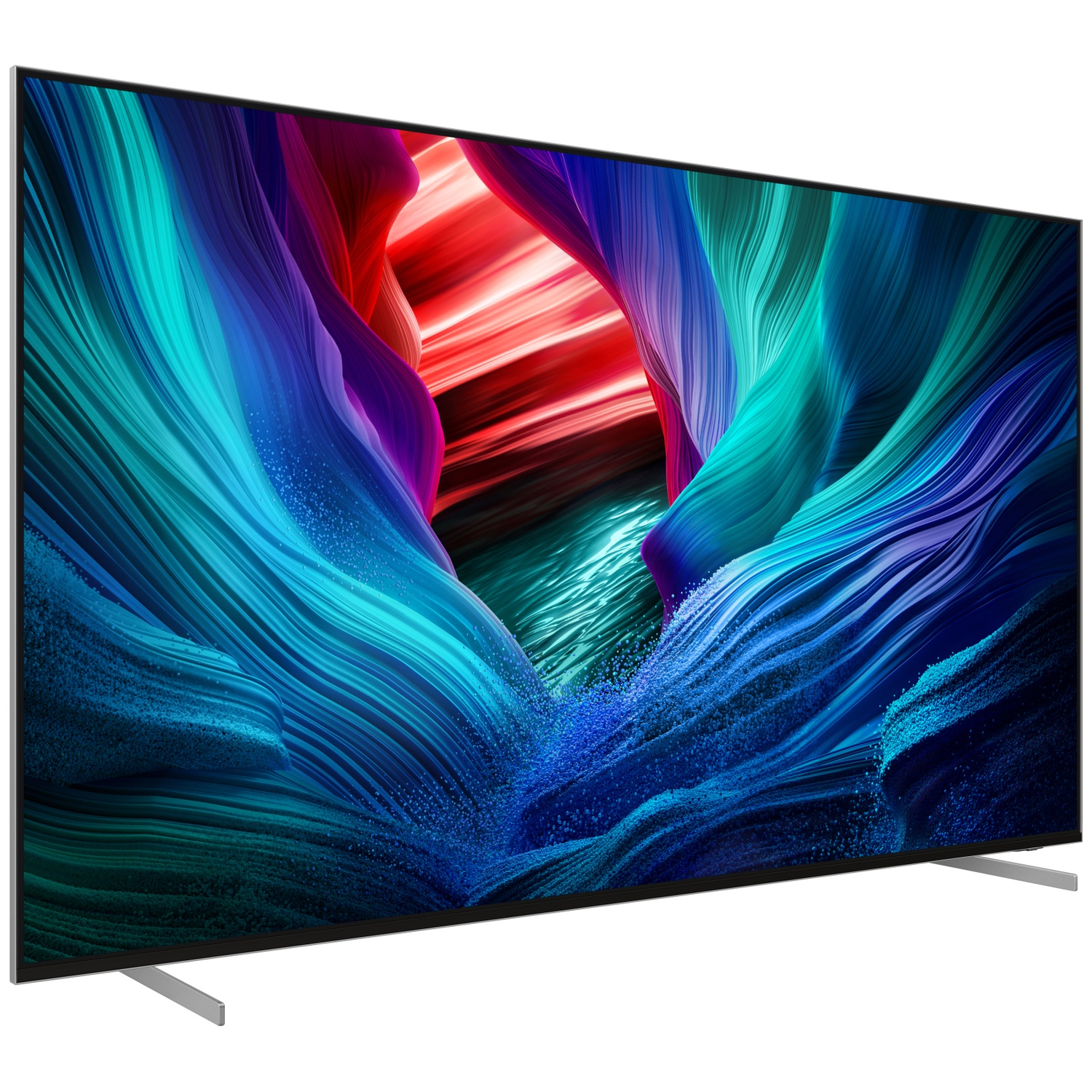 Een grote, moderne tv toont kleurrijke, abstracte golven in blauw, blauwgroen, paars en rood. Hij staat op twee zilveren standaards.