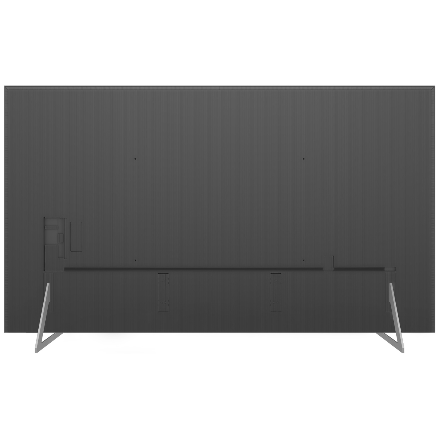 Achteraanzicht van een grote, donkergrijze flatscreen-tv met zilveren poten. Voorzien van poorten en montagegaten.