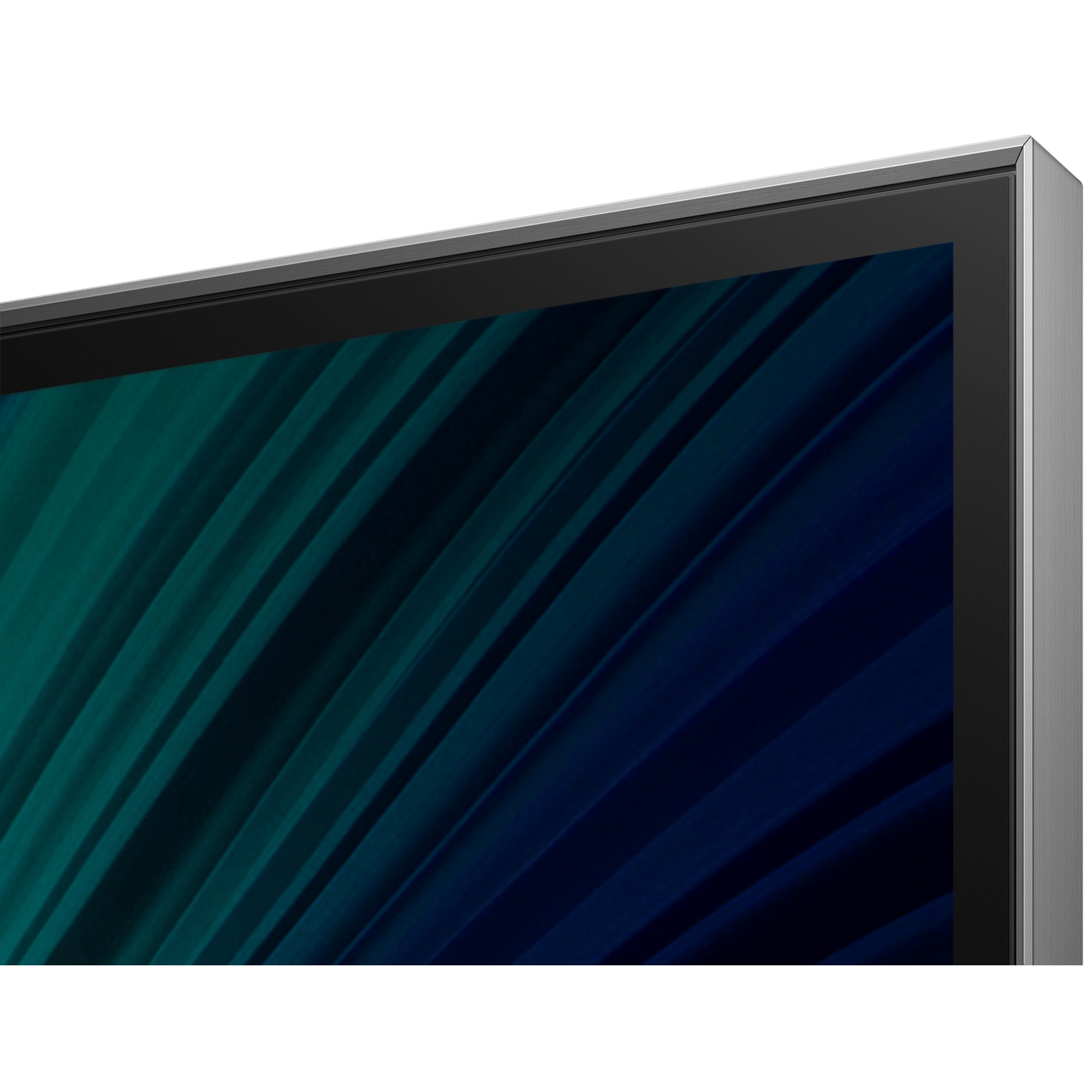 Close-up van een tv-scherm met een abstract ontwerp in blauwgroen en marineblauw. De tv heeft een zilveren frame en een zwarte rand.