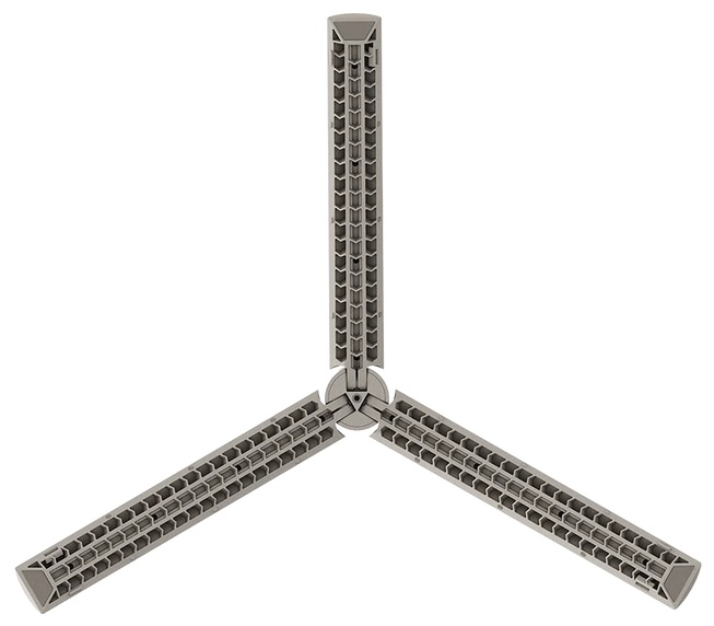 Szara podstawa statywu z trzema nogami rozchodzącymi się od centralnego węzła. Nogi są prostokątne ze wzorem plastra miodu.