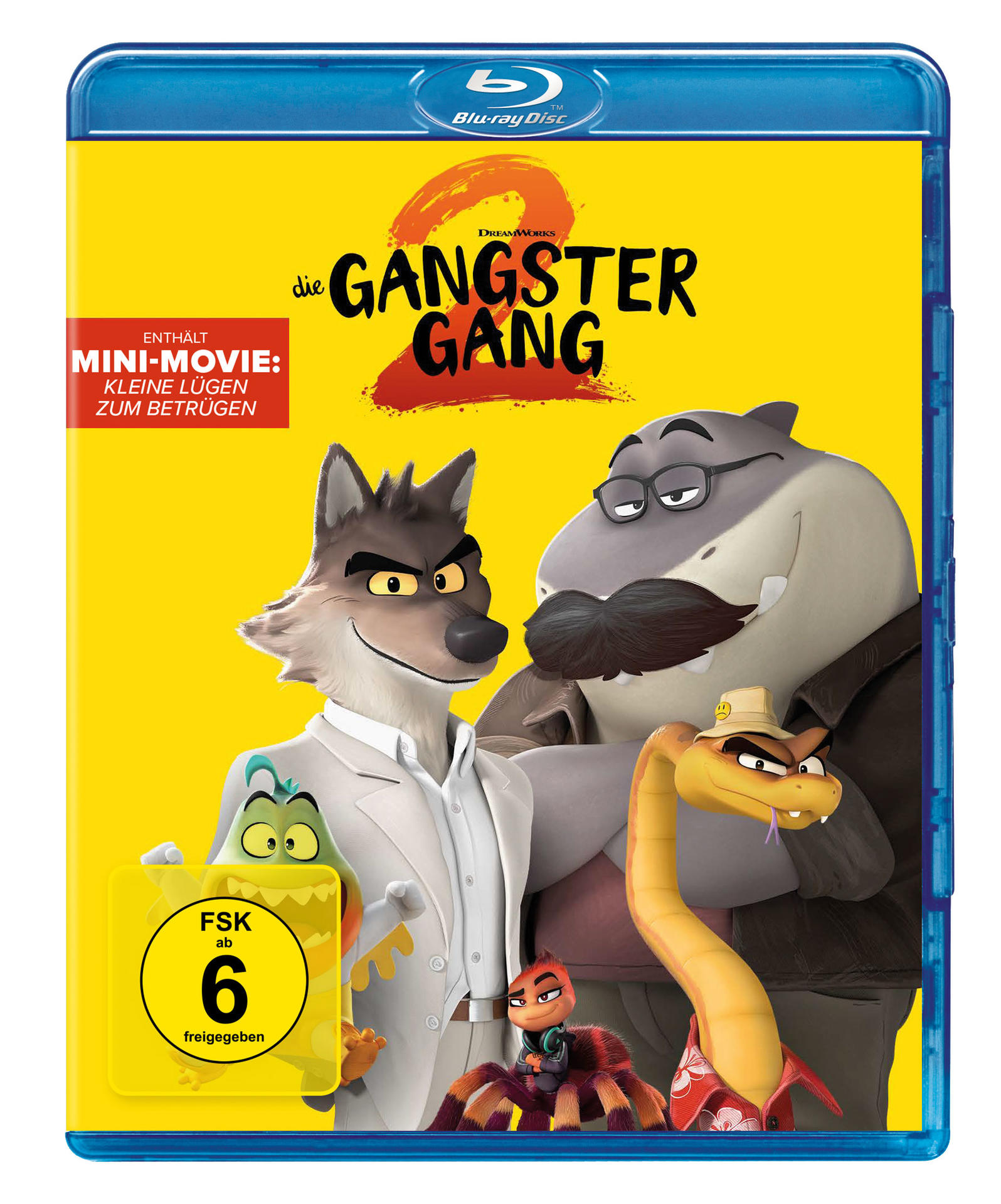 Blu-ray-Cover. Zeichentrickfiguren wie Wolf, Hai, Schlange und Spinne. Der Titel lautet 'Die Gangster Gang'.