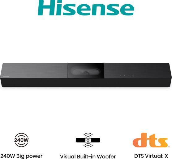 Egy fekete Hisense soundbar beépített mélysugárzóval. Alul 240 W-os teljesítmény, beépített mélysugárzó és DTS Virtual: X ikonok láthatók.