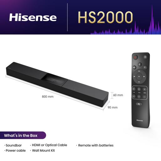 Egy fekete Hisense HS2000 soundbar távirányítóval. Méretek láthatók. Tartalmaz soundbart, kábeleket, fali tartót és távirányítót.