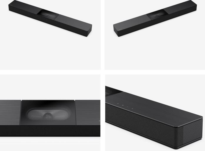 Egy fekete soundbar központi hangszóróval és elegáns dizájnnal. Különböző felvételek mutatják a készüléket különböző szögekből fehér háttér előtt.