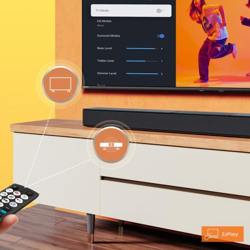 TV beállítások a képernyőn, táncoló nő. Soundbar és távirányító fehér szekrényen. Narancssárga és sárga háttér.