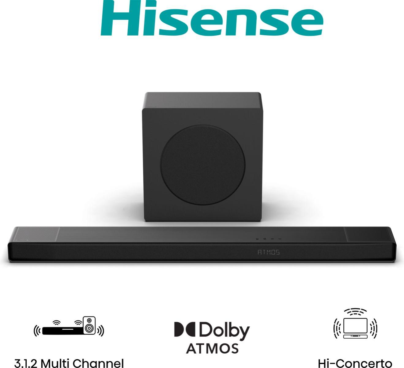 Hisense hangrendszer: soundbar, mélynyomó és Dolby Atmos logó. 3.1.2 Multi Channel és Hi-Concerto funkciókkal.