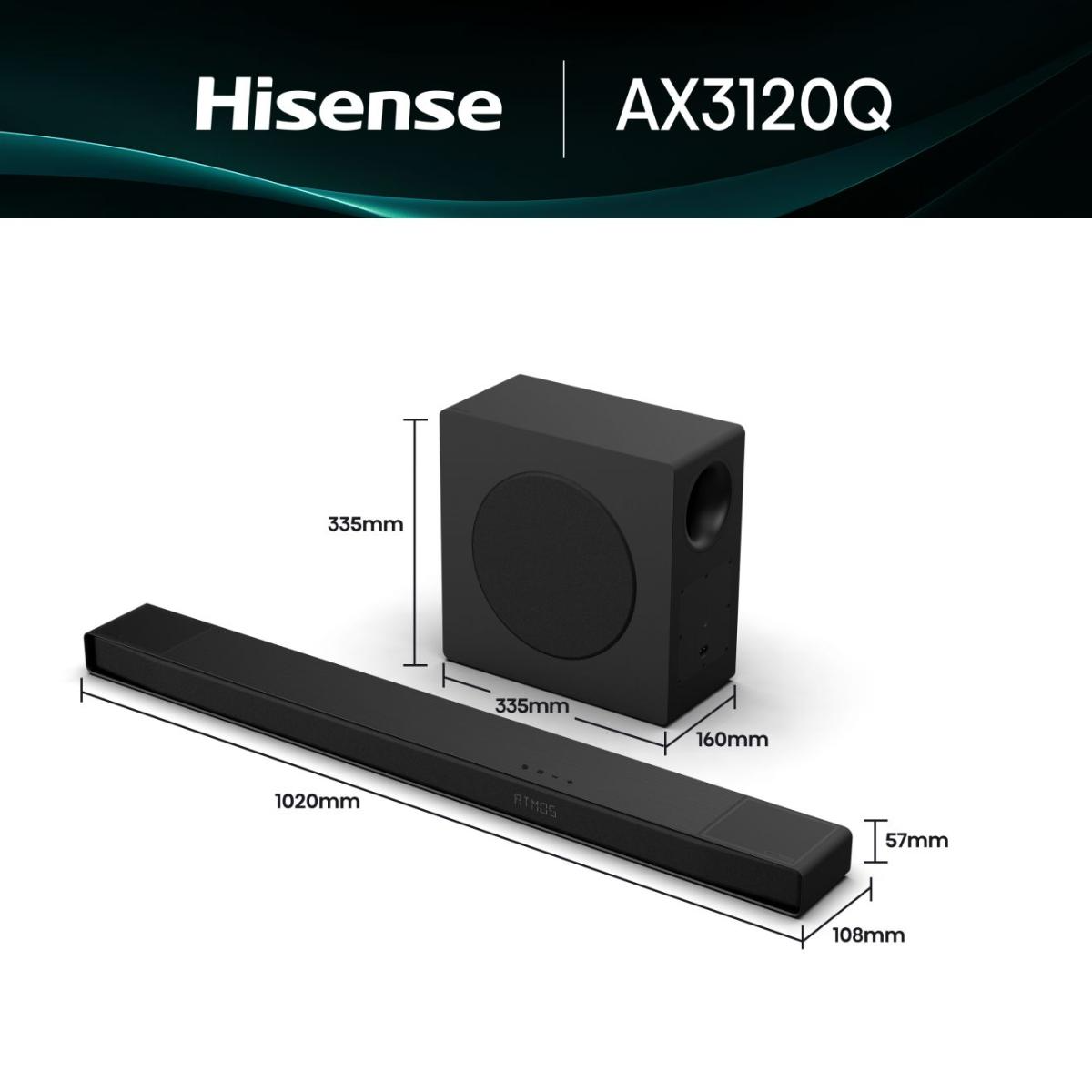 Fekete Hisense AX3120Q soundbar és mélynyomó. A méretek fel vannak tüntetve. A soundbar ATMOS feliratú, és jelzőfényekkel rendelkezik.