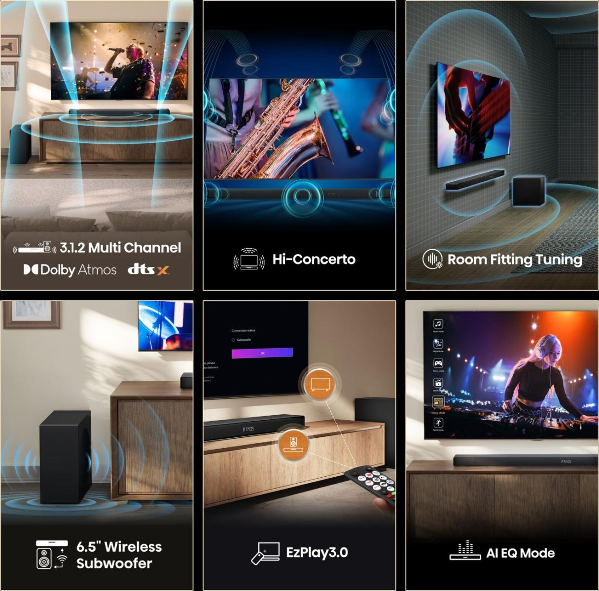 A képen egy házimozi-beállítás látható soundbarral, mélynyomóval és TV-vel. A funkciók közé tartozik a Dolby Atmos, a DTS:X és az AI EQ mód.