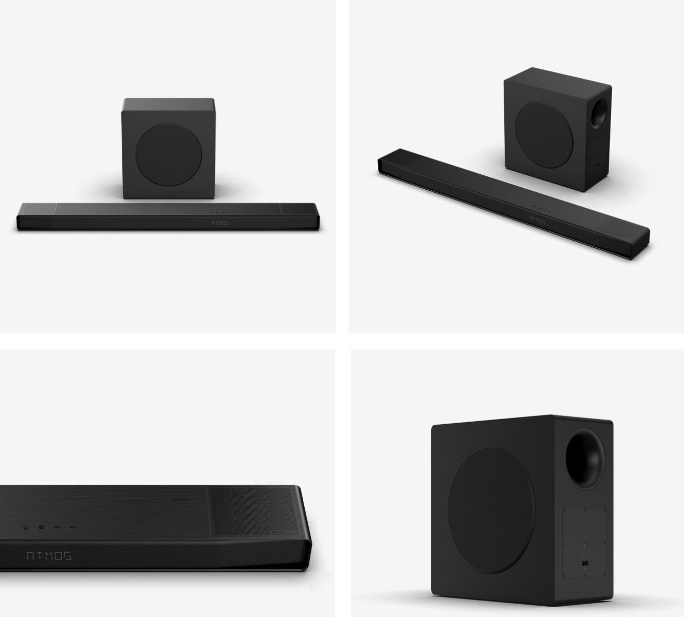 Négy nézet egy fekete soundbar és mélynyomó készletről. A soundbar hosszú és téglalap alakú, a mélynyomó egy kocka, kerek hangszóróval.