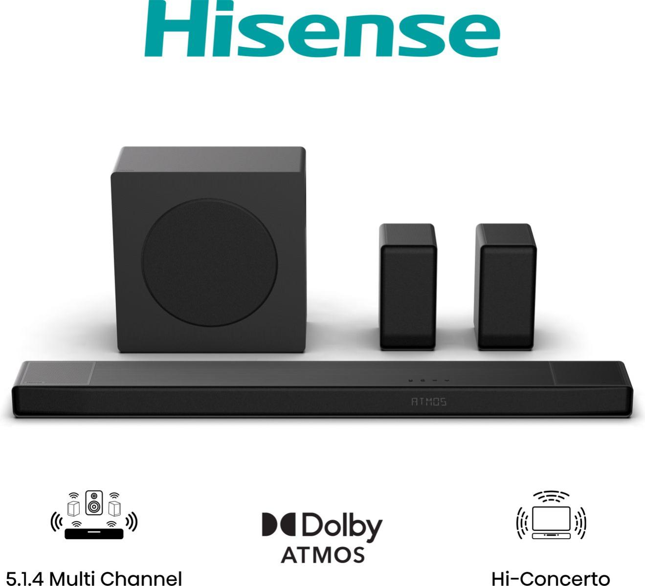 Fekete Hisense hangrendszer mélynyomóval, két hangszóróval és soundbarral. Dolby Atmos és Hi-Concerto funkcióval.