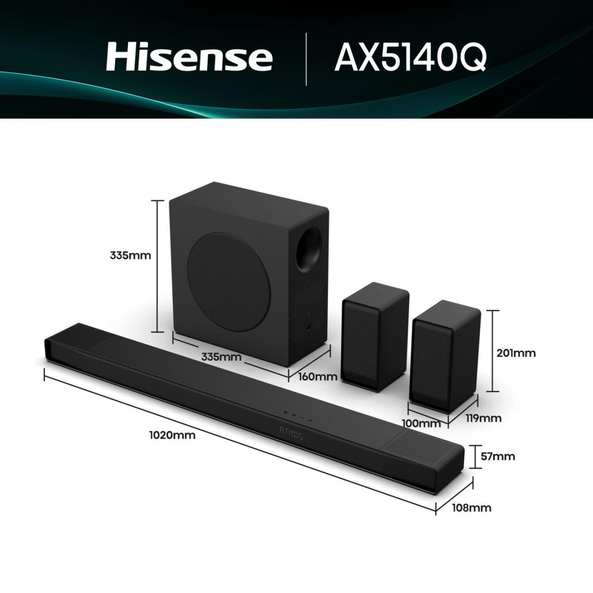 Egy fekete Hisense AX5140Q hangrendszer. Tartalmaz egy soundbart, egy mélynyomót és két műholdas hangszórót. A méretek meg vannak jelenítve.