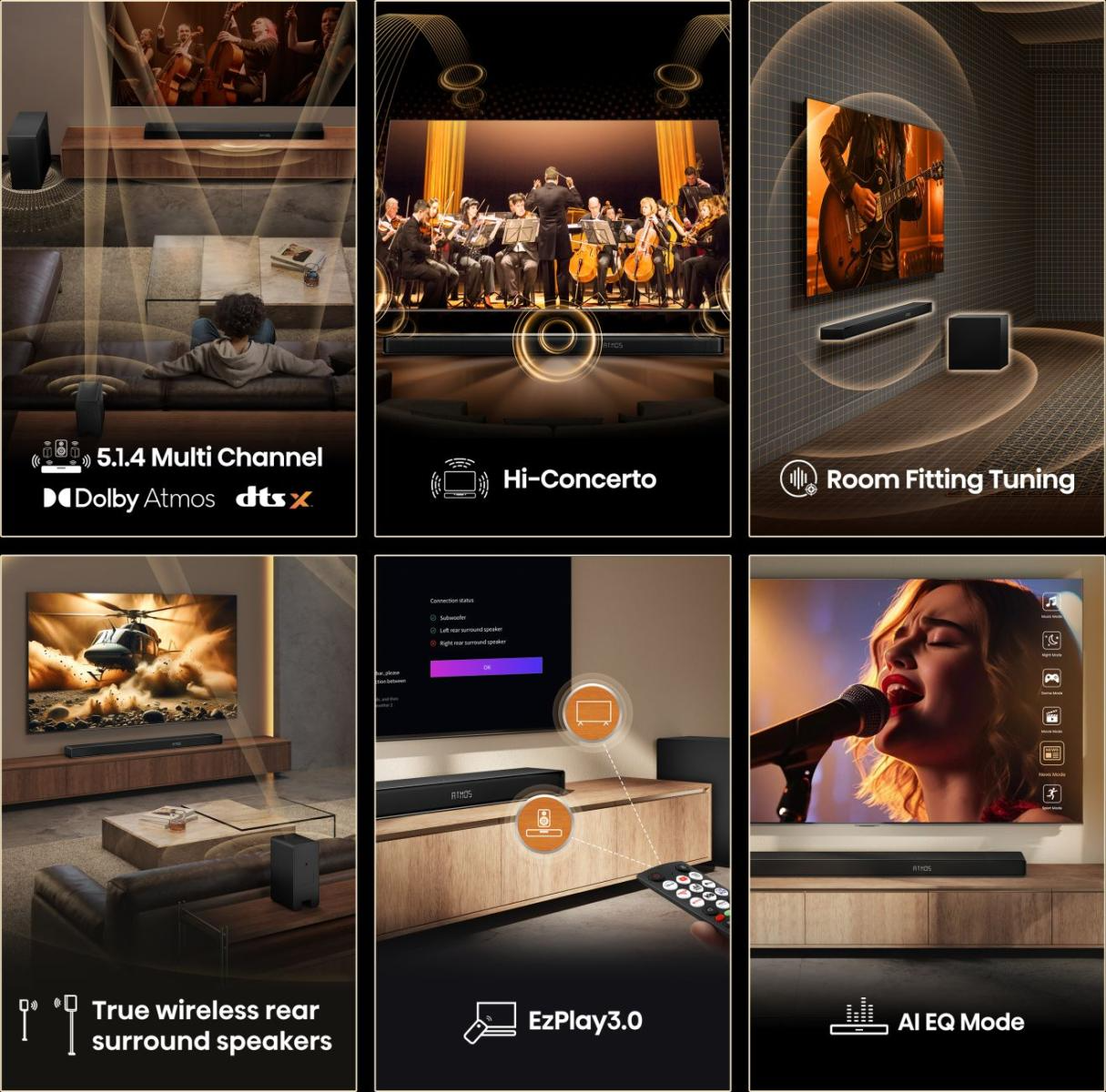 Akusztikai jellemzők: 5.1.4-es többcsatornás, Dolby Atmos és DTS:X. Valódi vezeték nélküli hátsó surround hangszórókat és AI EQ módot tartalmaz.