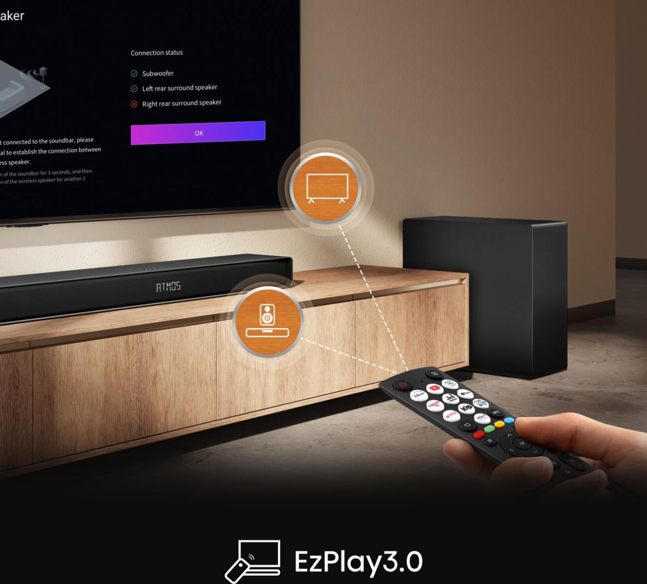 Egy ATMOS logóval ellátott soundbar egy fa szekrényen. Egy távirányító a kézben. A TV képernyő a csatlakozási állapotot mutatja.