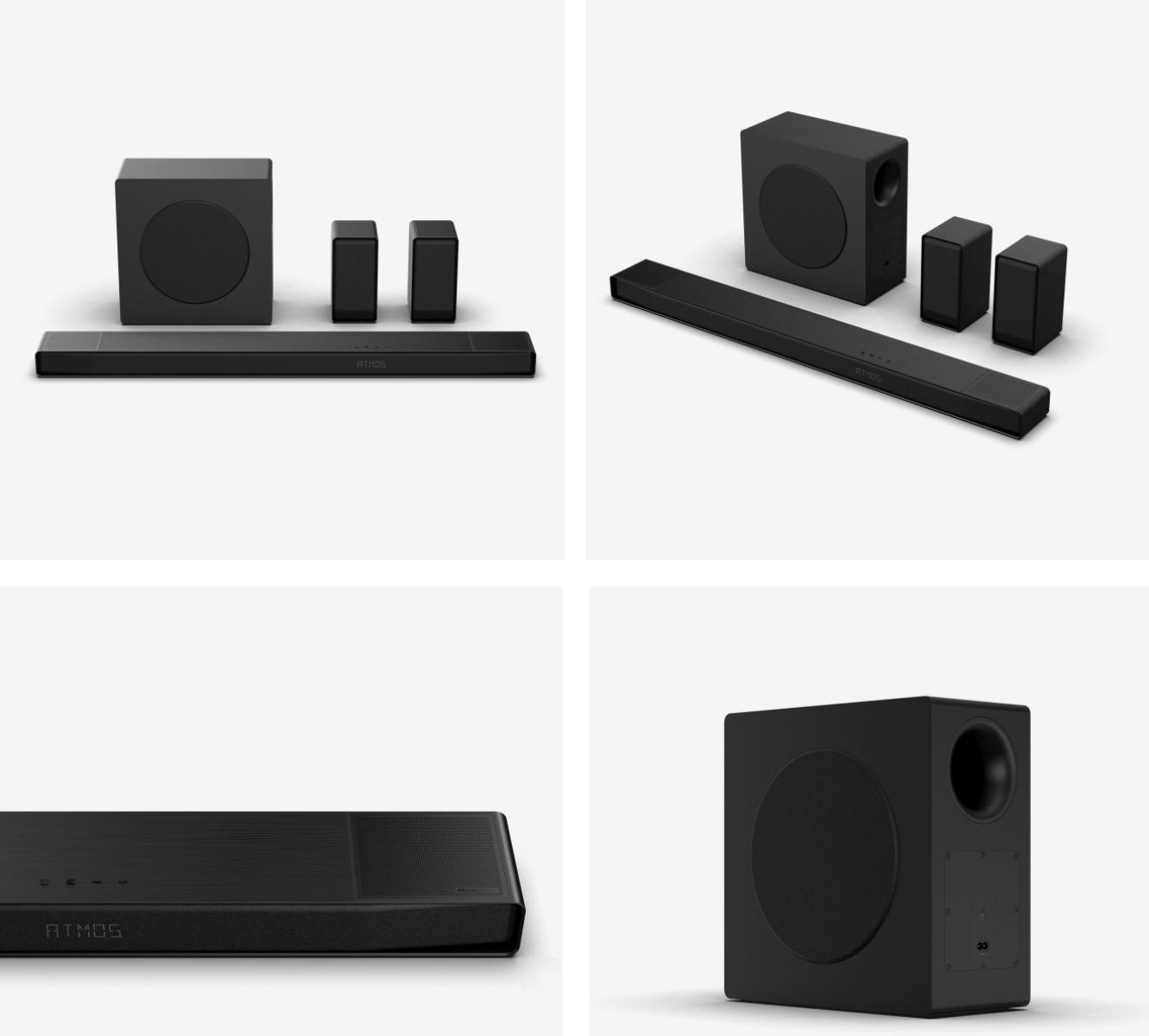Négy kép egy fekete Atmos hangrendszerről. Az alkatrészek közé tartozik egy soundbar, egy mélynyomó és műholdas hangszórók, mind fehér háttéren.