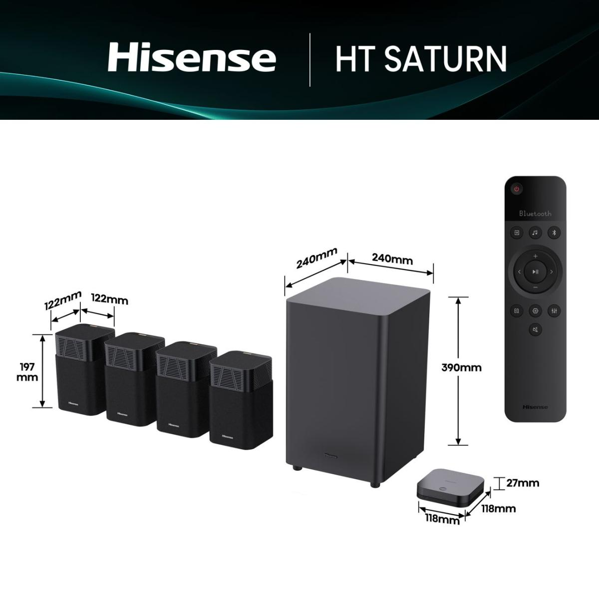 Hisense HT Saturn hangrendszer mélynyomóval, hangszórókkal, távirányítóval és vevővel. Méretek láthatók. Fekete szín.