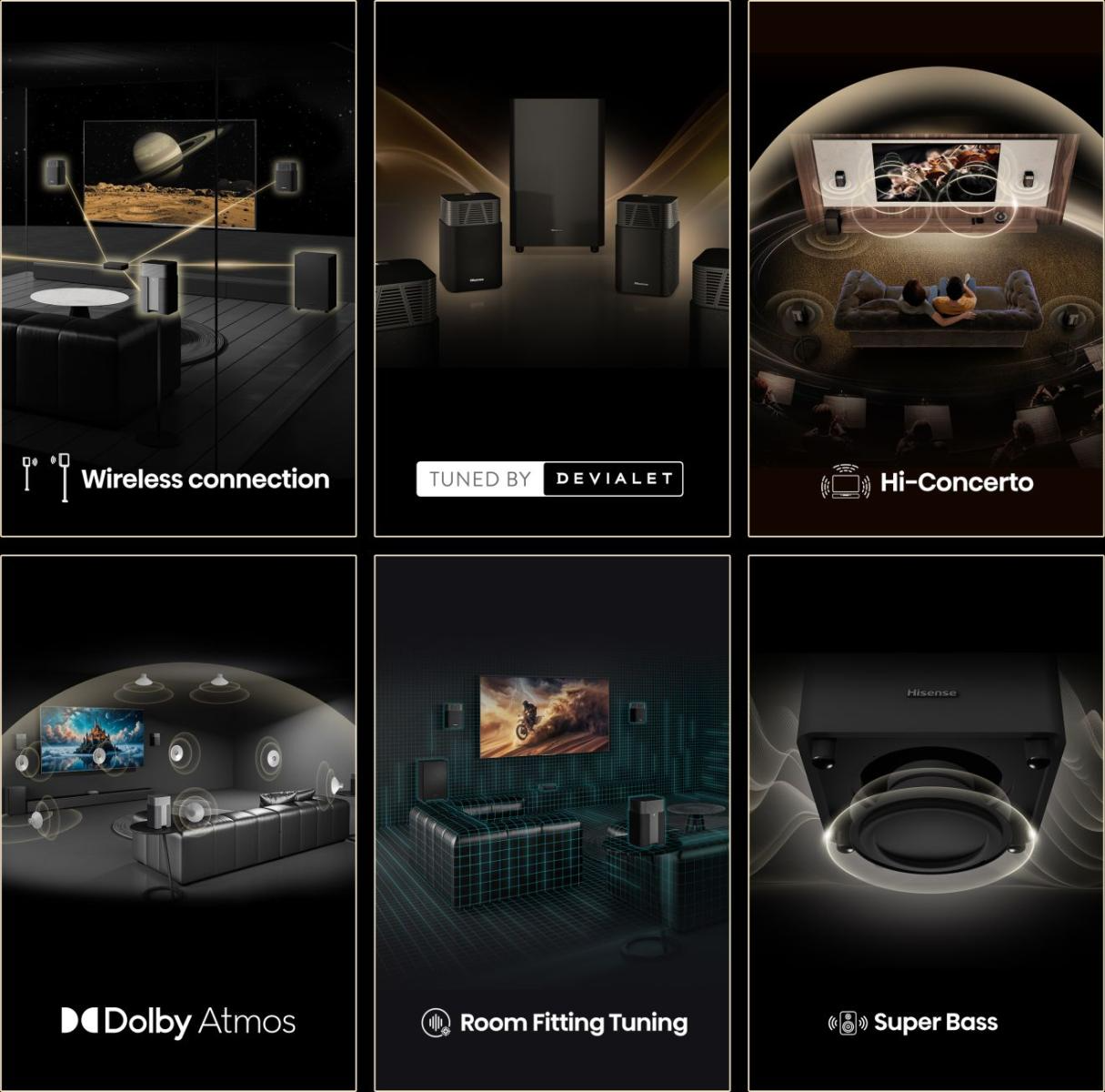 Hangszerek és funkciók képei: vezeték nélküli kapcsolat, Dolby Atmos, szuper mélyhang, Hisense márka.