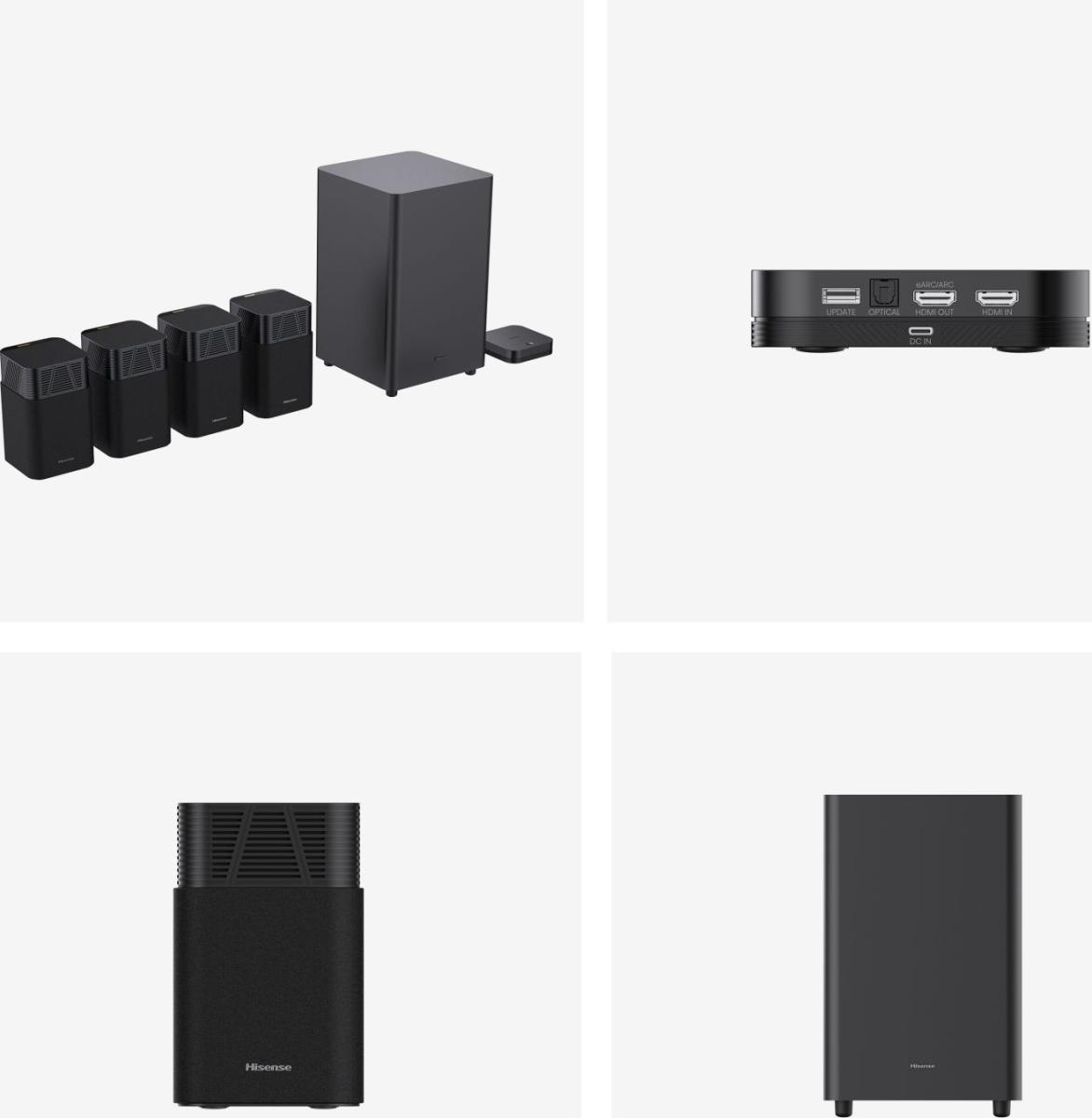 Egy fekete hangrendszer beállítás, amely négy hangszórót, egy mélynyomót, egy kis vevőt és egy HDMI portokkal rendelkező eszközt tartalmaz.