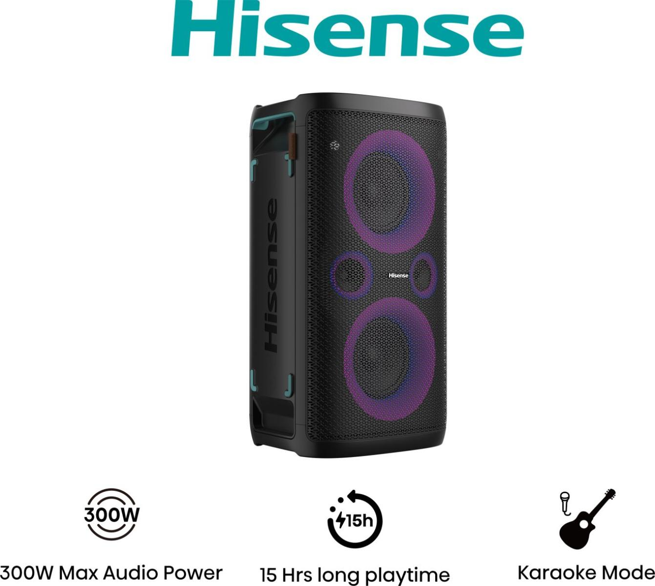 Fekete Hisense hangszóró, lila részletekkel. 300W teljesítmény, 15 óra lejátszás, karaoke mód.