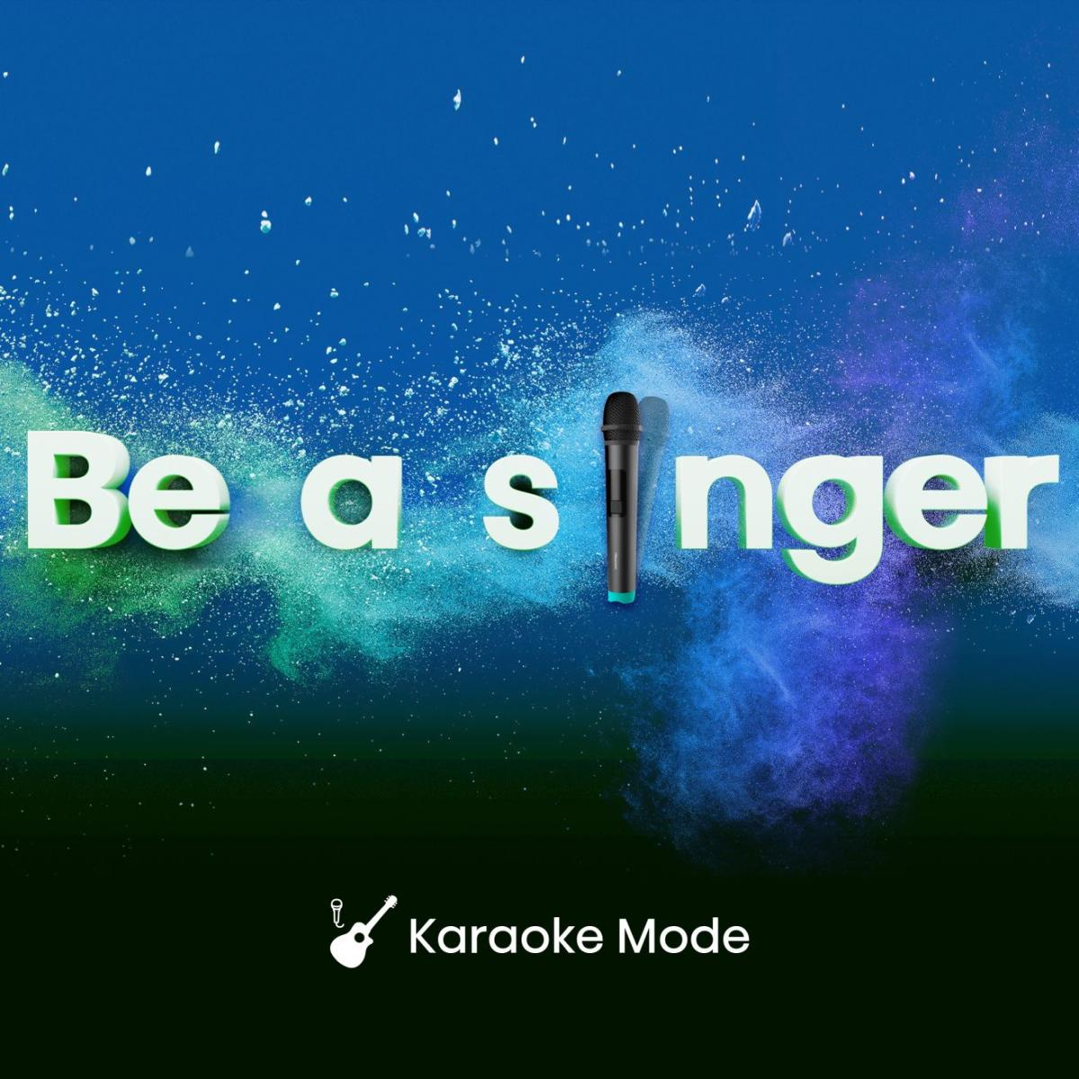 A szöveg a 'Be a singer' feliratot tartalmazza mikrofonnal. A 'Karaoke Mode' alul található. A háttér kék, fehér részecskékkel.