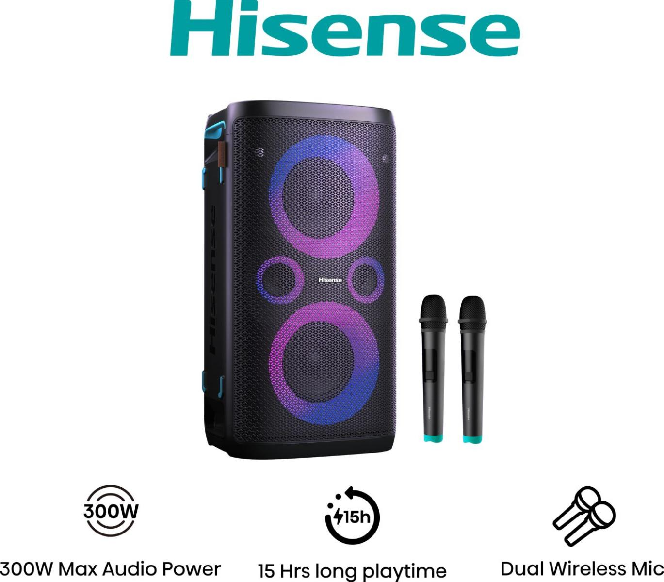 Egy fekete Hisense hangszóró lila és kék fényekkel. Két fekete mikrofon jobbra. Alul ikonok a teljesítményhez, a játékidőhöz és a mikrofonokhoz.