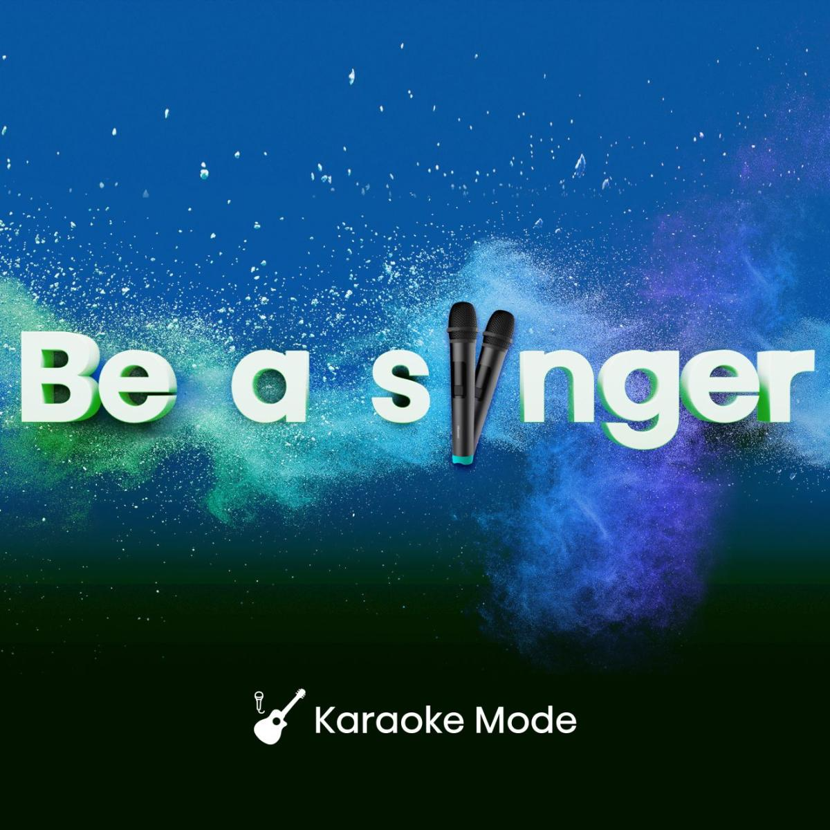 Kép 'Be a singer' szöveggel, két mikrofonnal és 'Karaoke Mode' logóval, kék-zöld háttérrel.