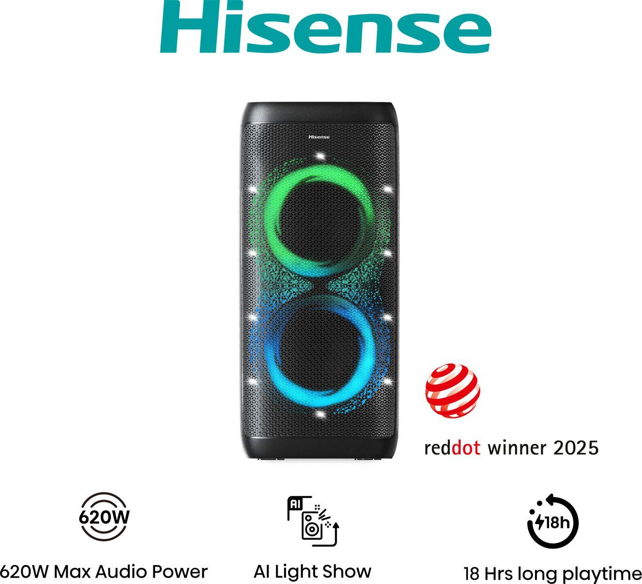 Fekete hangszóró zöld és kék kör alakú lámpákkal, Hisense logóval, Red Dot Winner jelvénnyel, valamint a teljesítményt, a mesterséges intelligencia fényt és a játékidőt jelző ikonokkal.