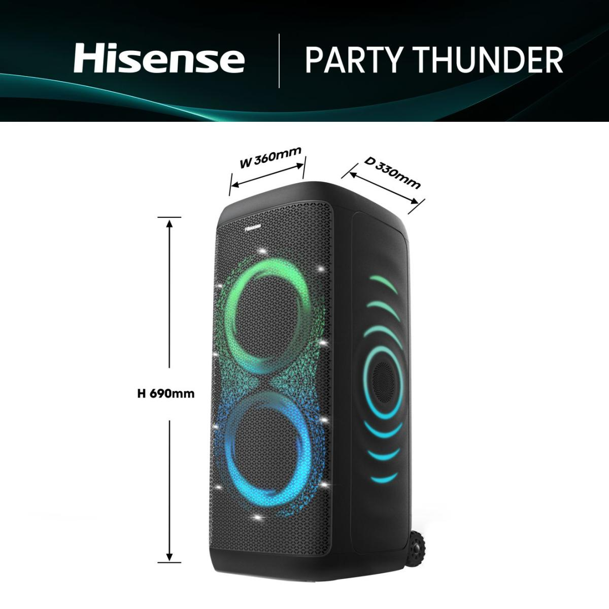 Egy fekete Hisense Party Thunder hangszóró világító körökkel. A méretek láthatók. Felül a „Hisense Party Thunder” felirat látható.