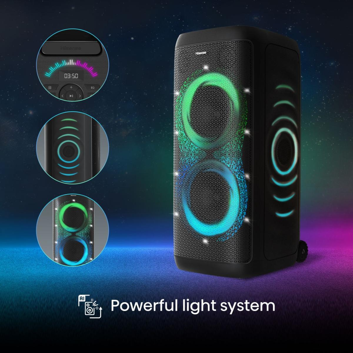Egy fekete hangszóró színes fényekkel. Van egy vezérlőpanelje, és látható a 'Powerful light system' felirat.
