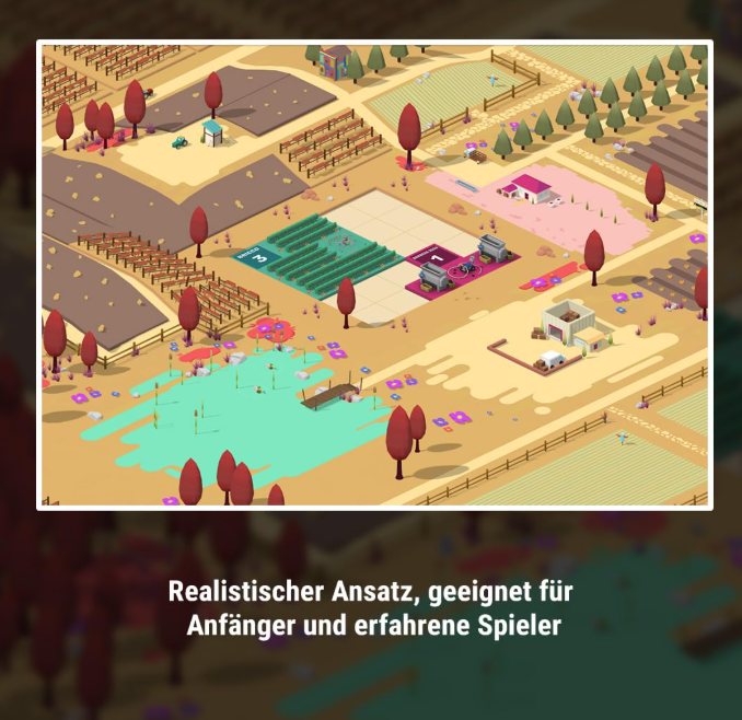 Isometrische Ansicht eines Bauernhofs mit verschiedenen Feldfrüchten, Gebäuden und Bäumen. Braune, grüne Felder und ein türkisfarbener See.