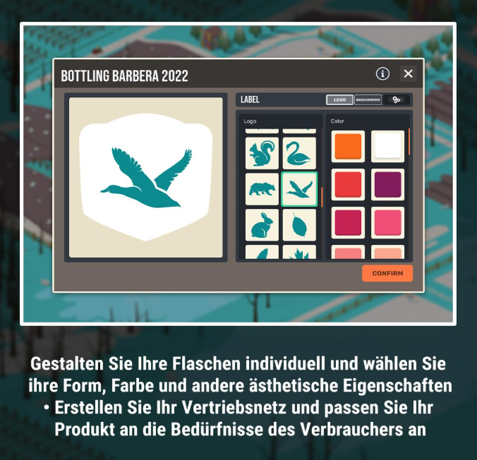 Benutzeroberfläche zur Anpassung eines Etiketts, mit Logo-Optionen wie Ente und Bär. Farboptionen werden auch angezeigt. Bestätigen-Button.