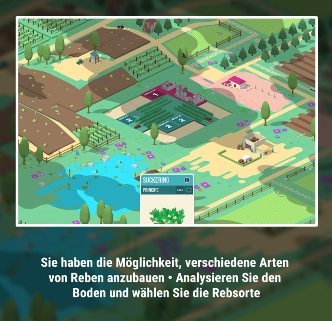 Isometrische Ansicht eines Bauernhofs. Felder mit Nutzpflanzen, ein Teich, Gebäude und eine Karte mit der Aufschrift 'Suckering Principe'.