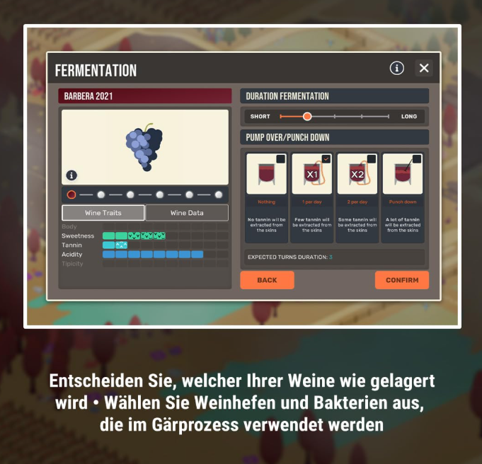 Ein Wein-Gärungsbildschirm zeigt Optionen für Dauer und Pumpen. Es hat ein Traubensymbol und Weineigenschaftsdetails.