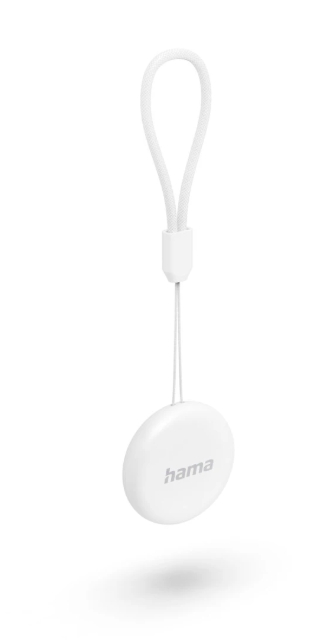 Ein weißes, rundes Hama-Gerät mit weißem Band hängt. Es ist vor weißem Hintergrund. Ein Schatten ist vorhanden.