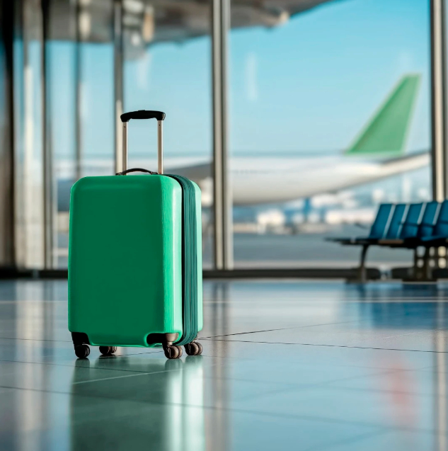 Ein grüner Koffer steht am Flughafen. Durch das Fenster ist ein Flugzeug zu sehen. Blaue Sitze sind im Hintergrund.