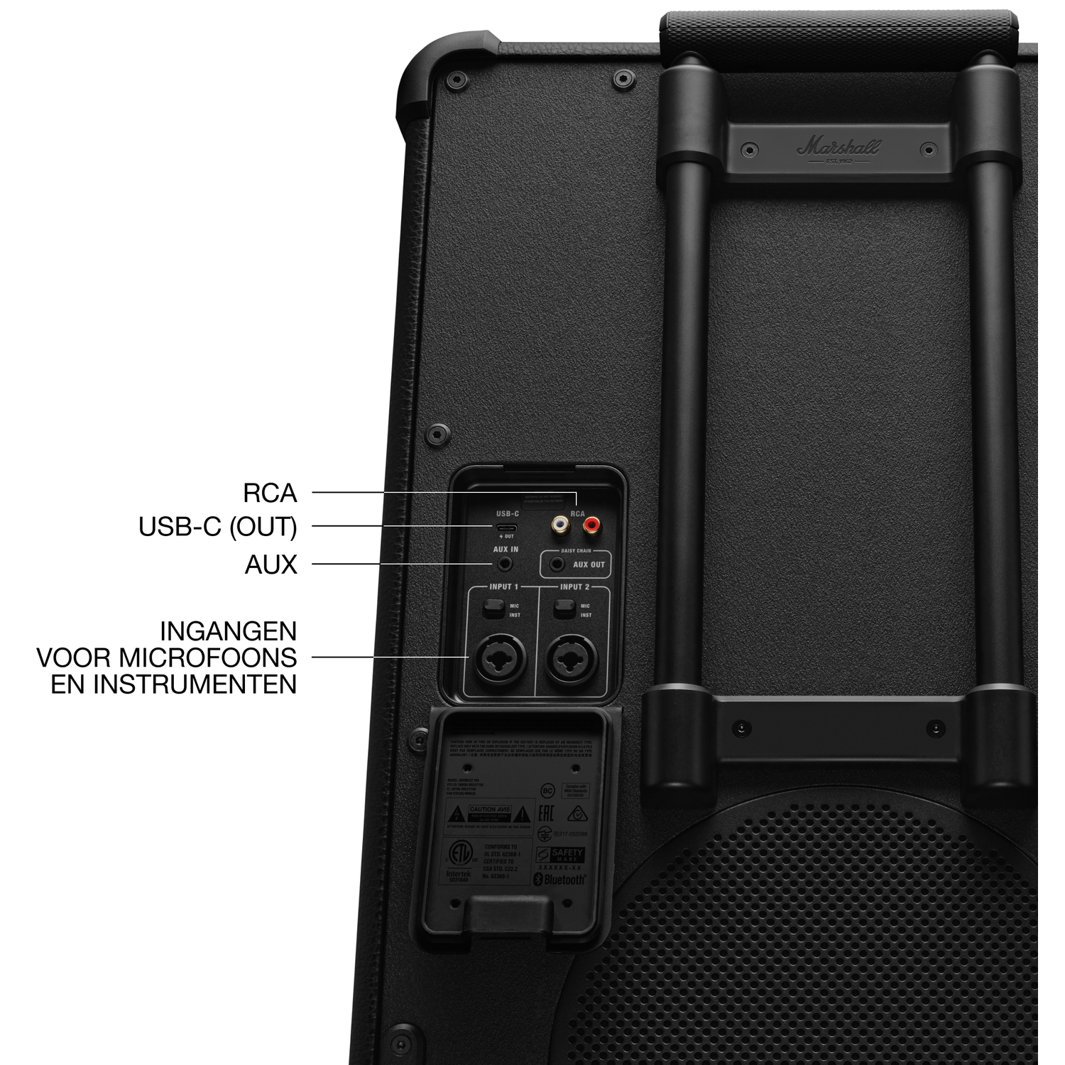Black speaker back with inputs: RCA, USB, AUX, and microphone.  It has a handle and the Marshall logo.