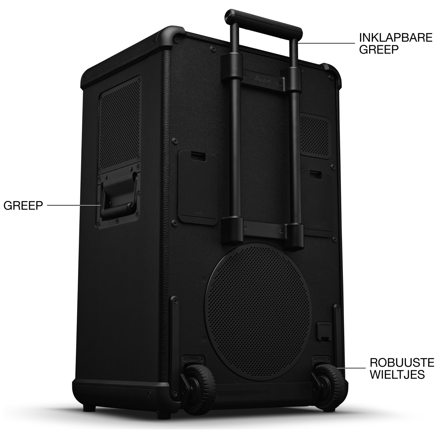 Black speaker with wheels, a retractable handle, and a side handle. The speaker has a circular grill on the front.