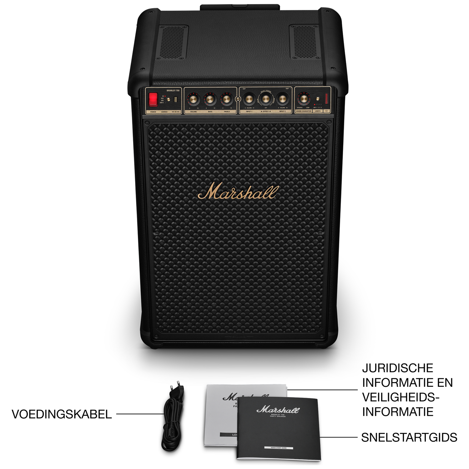 A black Marshall speaker with control knobs and a power cable. There are also manuals next to the speaker. 