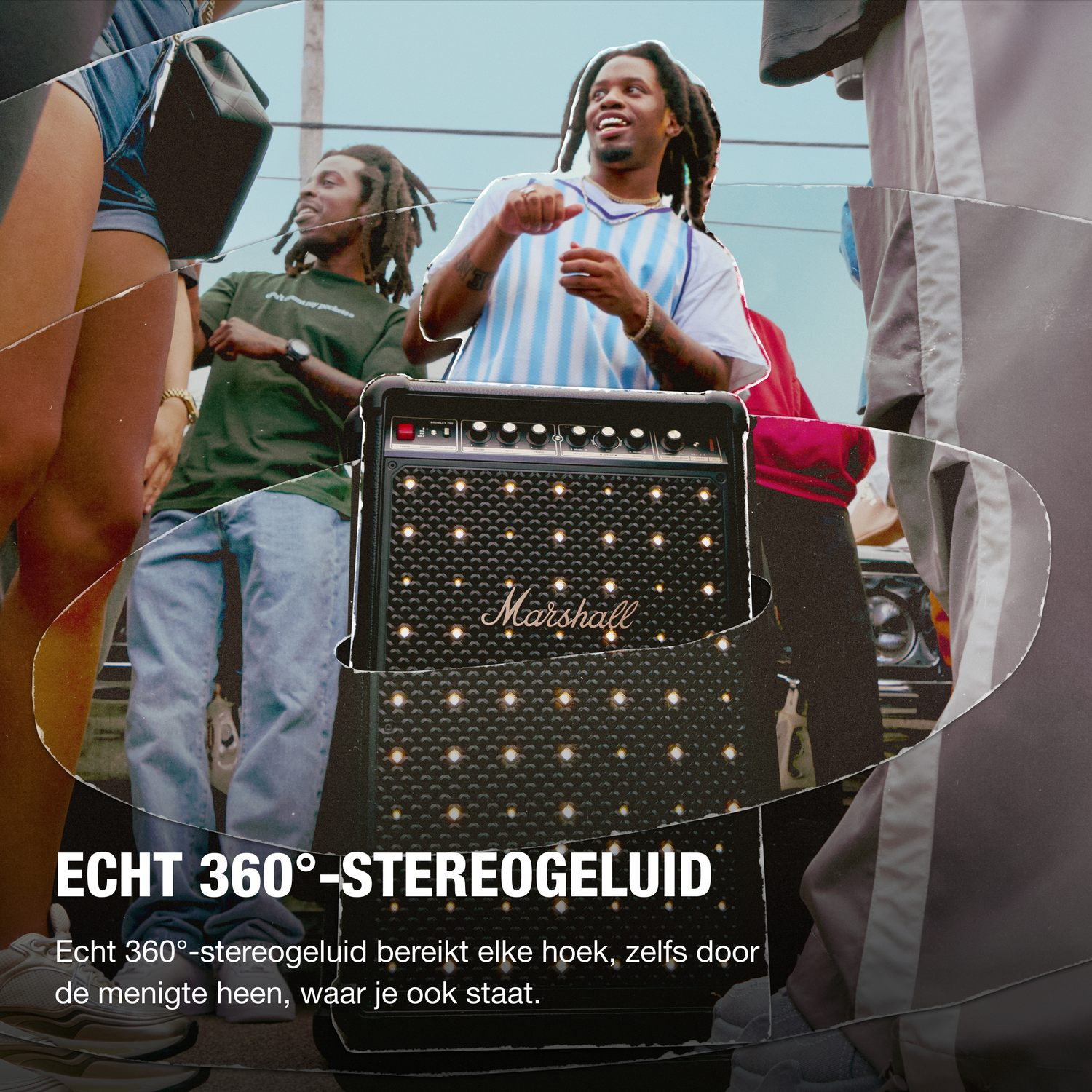 A group of people around a Marshall speaker. One man is dancing. The text says 'ECHT 360°-STEREOGELUID'.