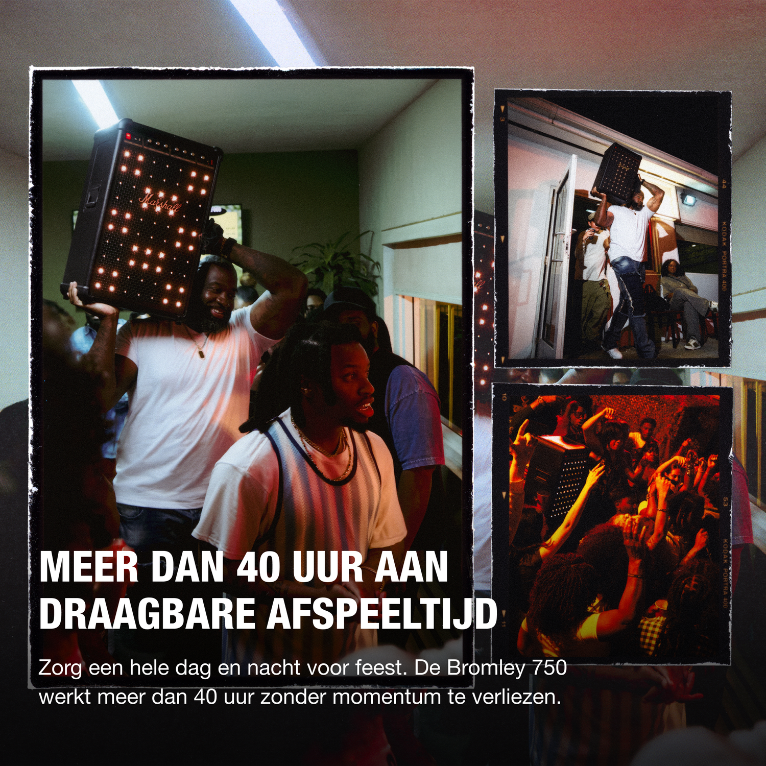 People at a party. A man holds a speaker. Text: More than 40 hours of portable playtime. Bromley 750 works for 40+ hours.