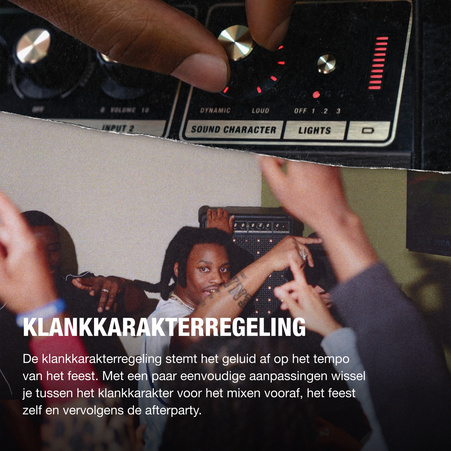 Hand adjusting a sound mixer. People dancing around a DJ. Text overlay: Klankkarakterregeling.