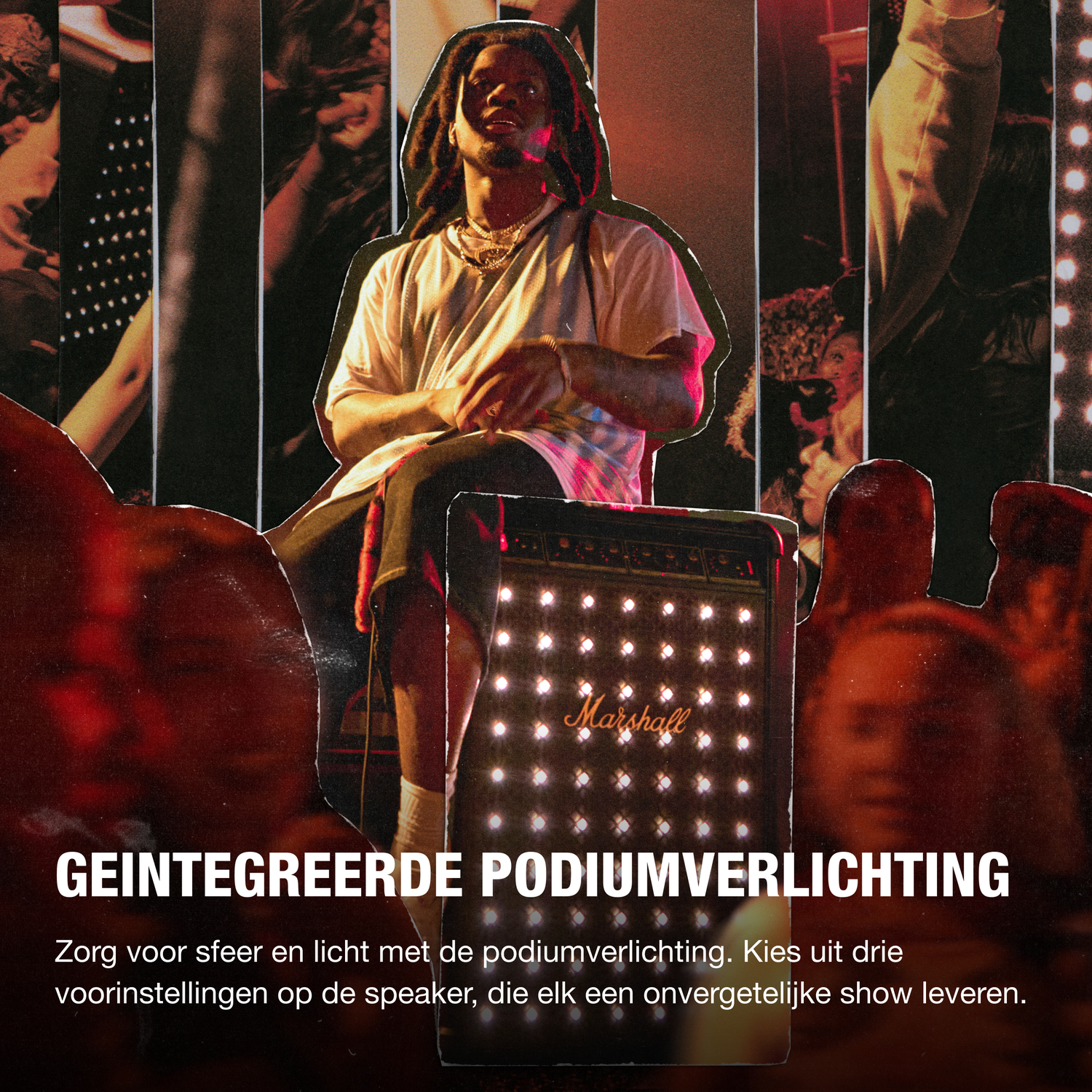 A man with dreadlocks sits near a speaker. The image is a collage with a crowd in the background. Text says 'stage lighting'.
