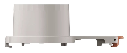 Biały plastikowy element z cylindrycznym korpusem i wystającą płaską sekcją z brązowymi akcentami, widok z profilu.