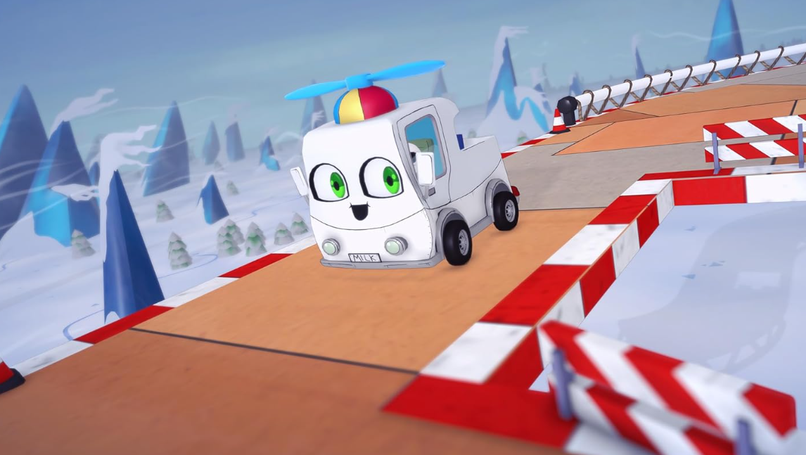 Cartoon-Milchwagen mit Propeller auf einer schneebedeckten Strecke, mit schneebedeckten Bergen im Hintergrund.