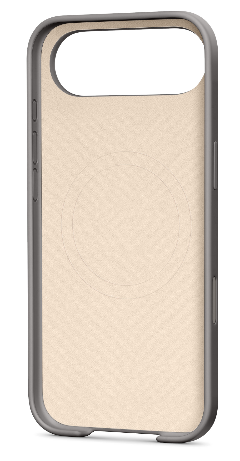 Etui na telefon z szarą ramką i beżowym wnętrzem. Z tyłu okrągłe, jaśniejsze beżowe kółka. Czarne tło.